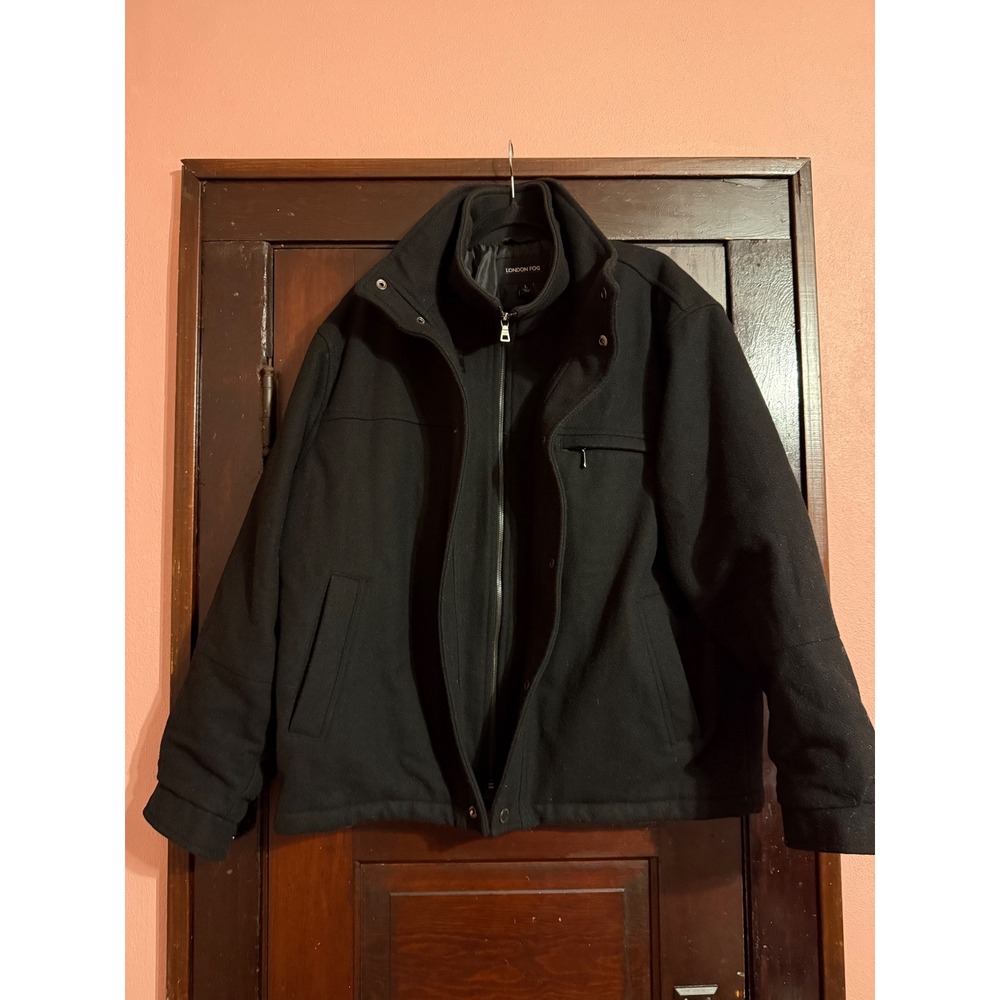 London Fog Mens Black Wool Blend Double Collar Full Zip Winter Jacket Coat L